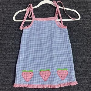 Vintage VTG Rags land Gingham Dress Blue Red Strawberry Girls Size 3/4